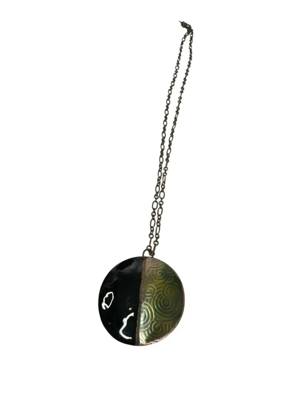 Round Copper Pendant Necklace Black & Green Swirl Design On Chain Boho Artsy